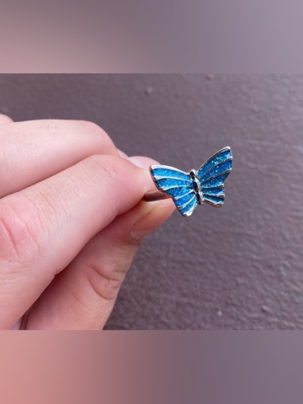 Blue Butterfly Imitation Opal Stainless Steel Ring Size 9.5